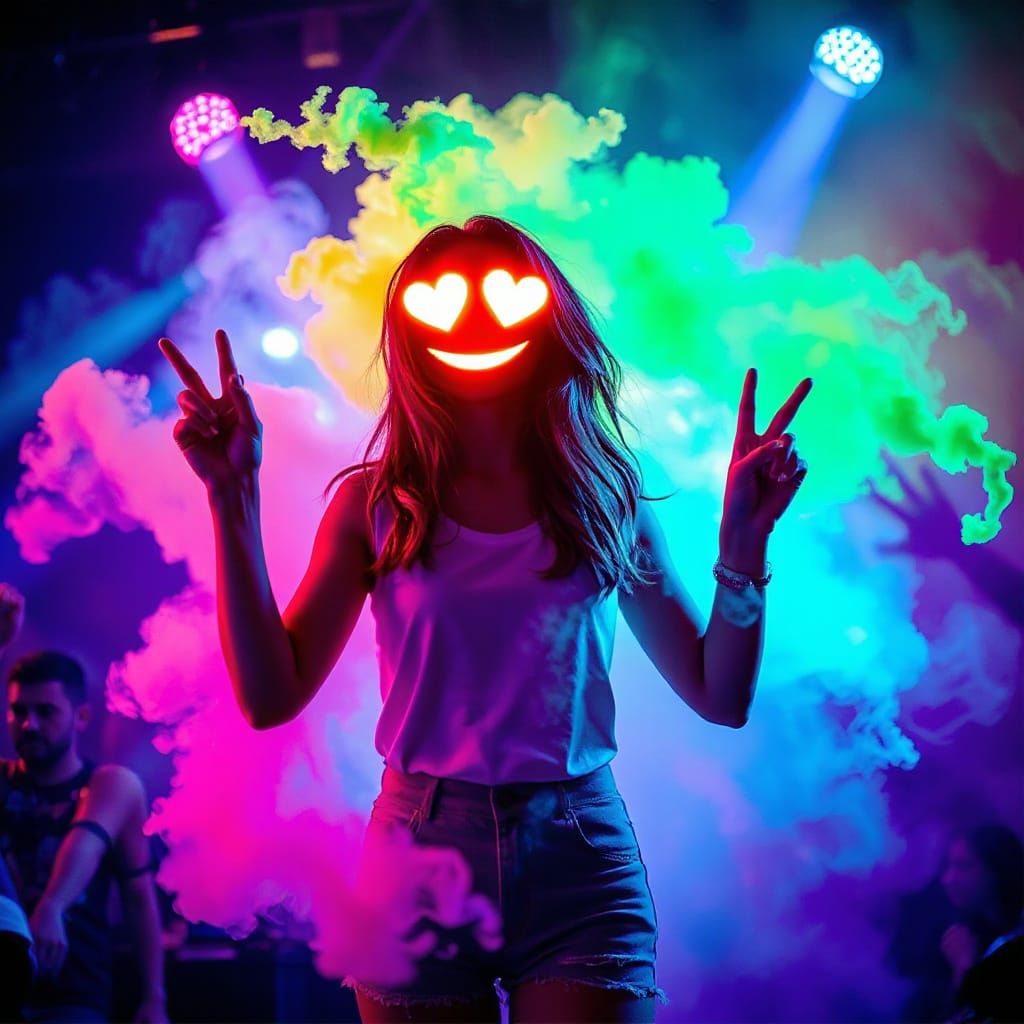 Vibrant Concert Scene with Glowing Heart-Eyed Woman