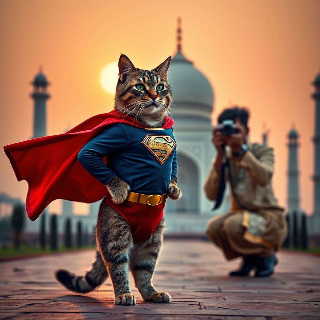 Majestic Cat in Superman Costume Posing Heroically at Taj Ma...