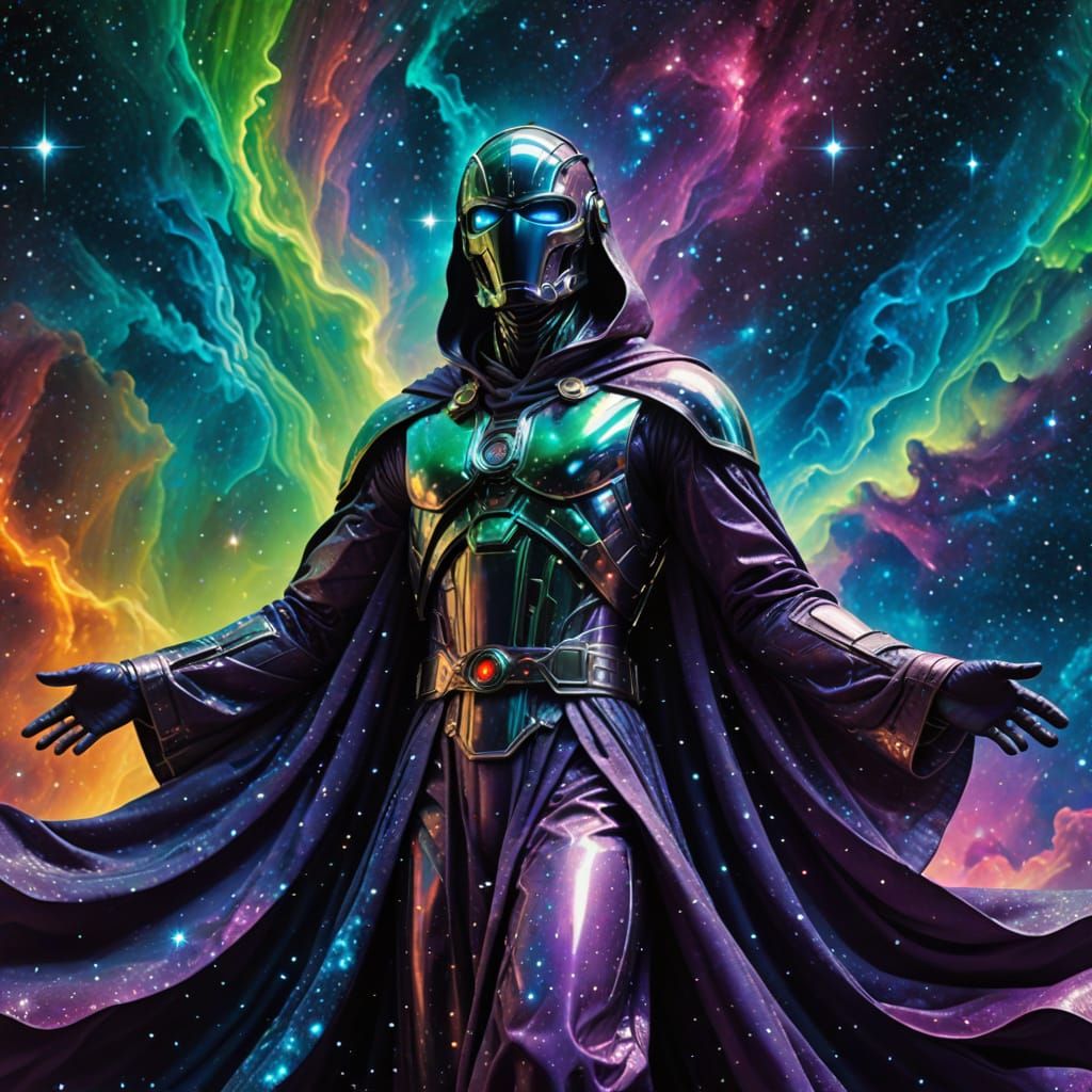 Chrome Figure Dances Among Stars in Cosmic Surrealism