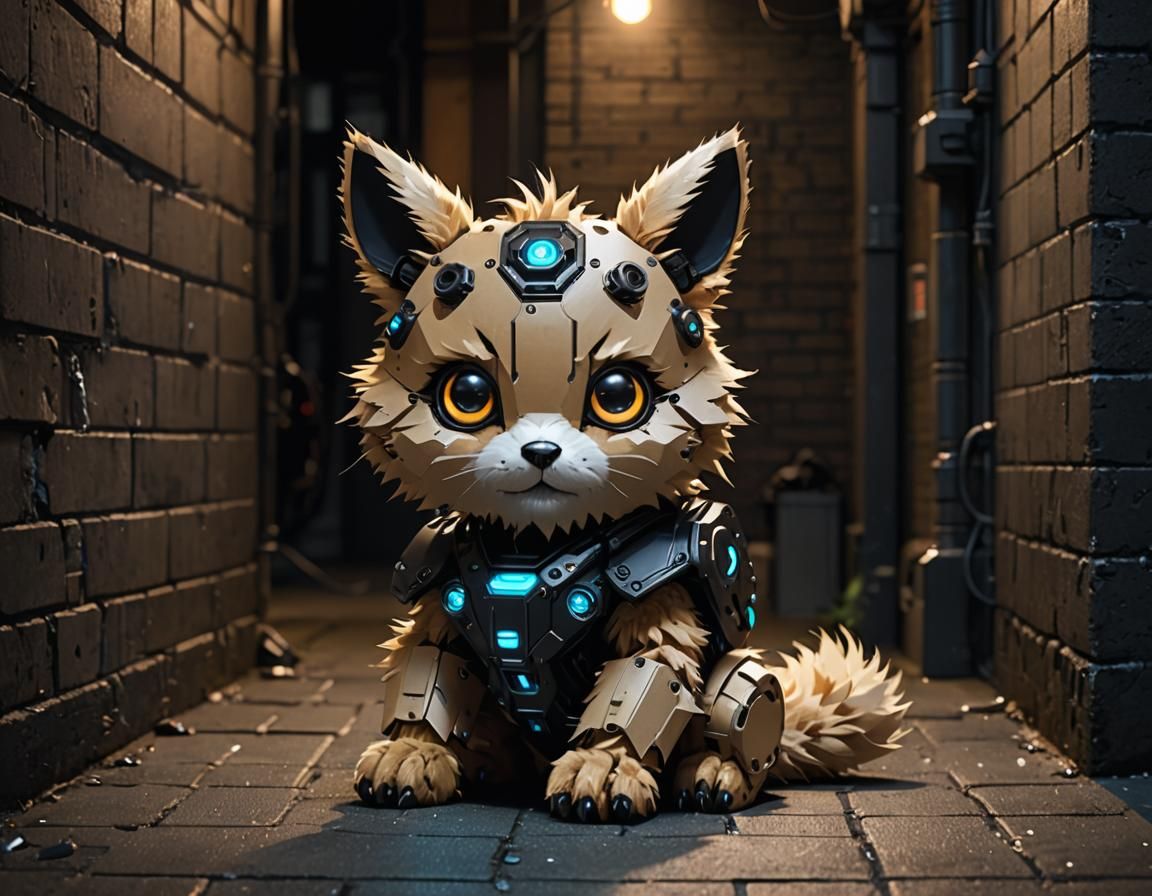 Cyberpunk Mechanoid Pet in Cardboard Box