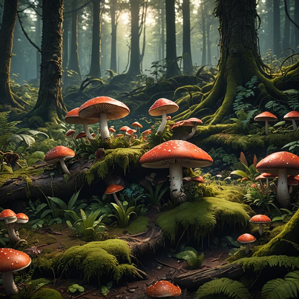 Lonely Mushroom in Forest: Detailed Matte Painting