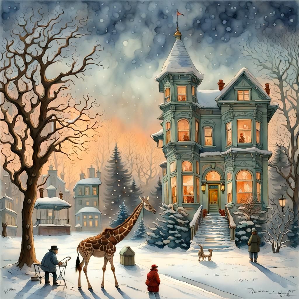 Festive Winter Scene: Man, Giraffe, and Victorian Home