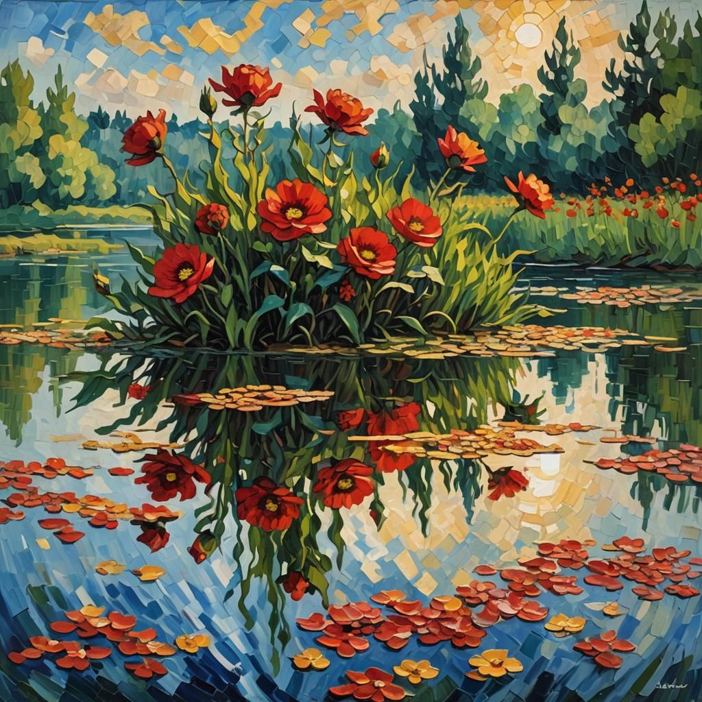 Red Flowers Reflected: Neo-Impressionist Oil Painting