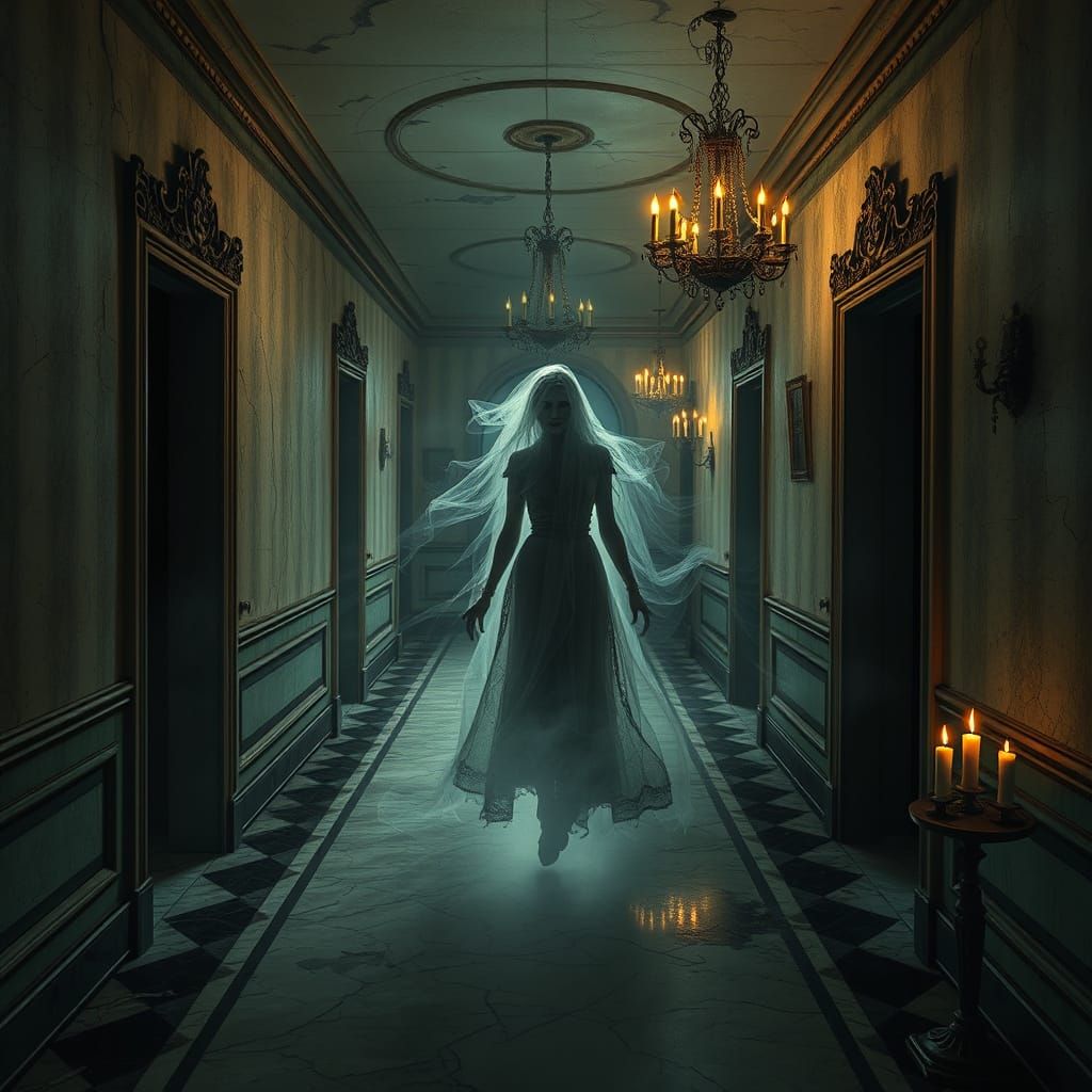 Ethereal Spirits Drift Through Forgotten Ruins in Gothic Hor...