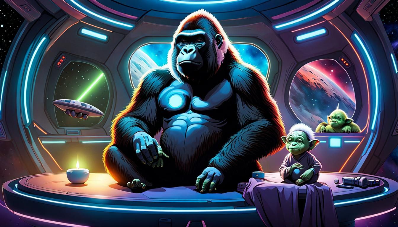 Gorilla raising baby chimp+yoda :D