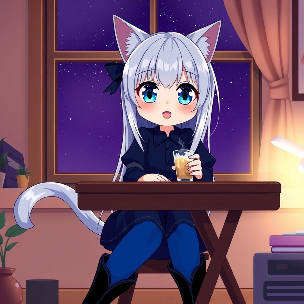 Synthwave Catgirl Sipping Coffee Under Starry Sky