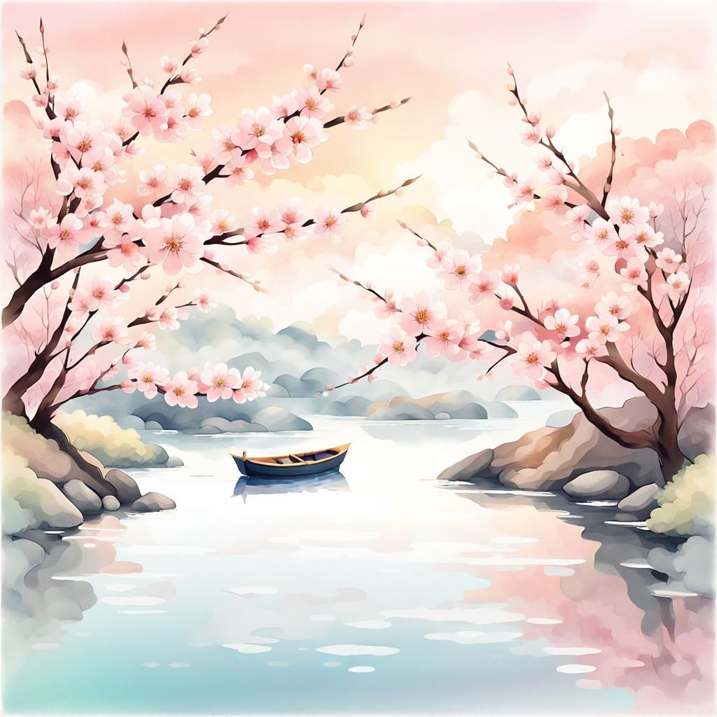 Japanese Cherry Blossoms in Watercolor Style