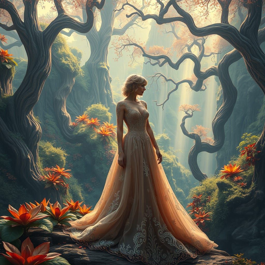 Mystical Taylor Swift in Ethereal Gown, Amidst Dreamlike Lan...
