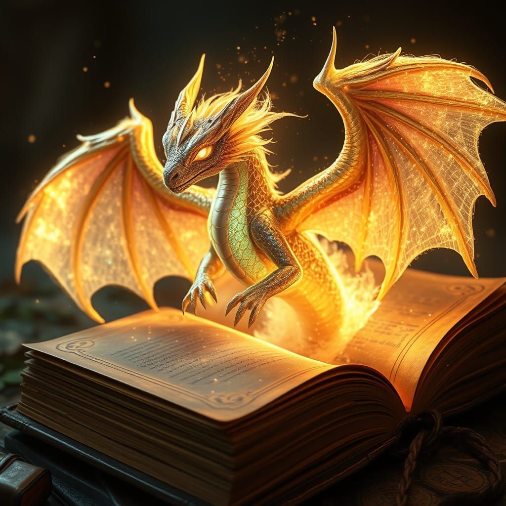 Enchanted Dragon Emerges from Ancient Tome in a Dark Fantasy...