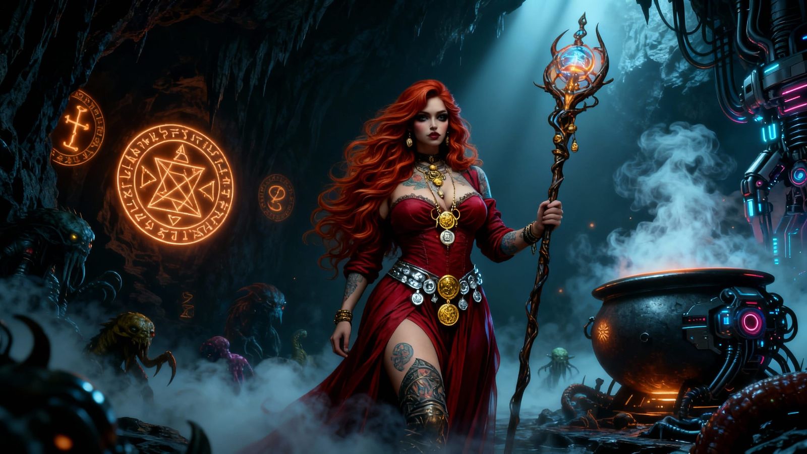 Crimson Sorceress in Mystical Cave with Strange Creatures