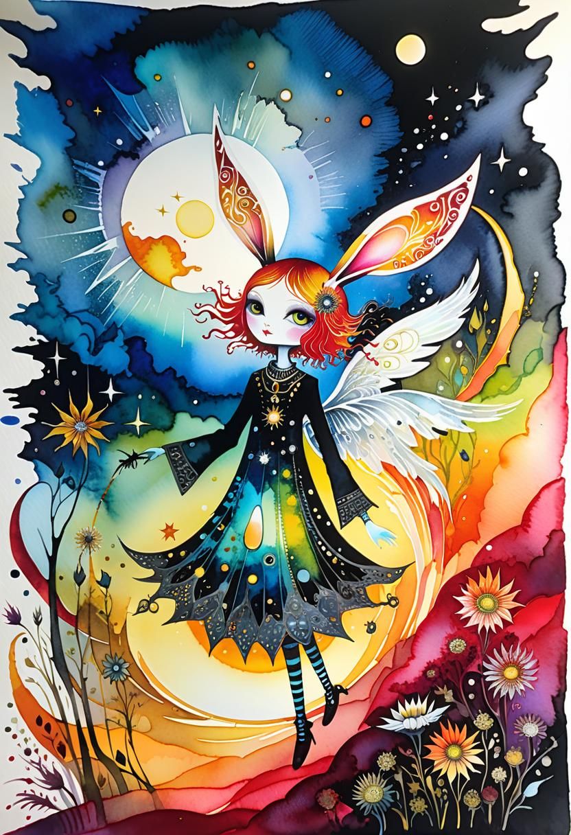 Vibrant Watercolor Cosmos with Angel and Devil Figures