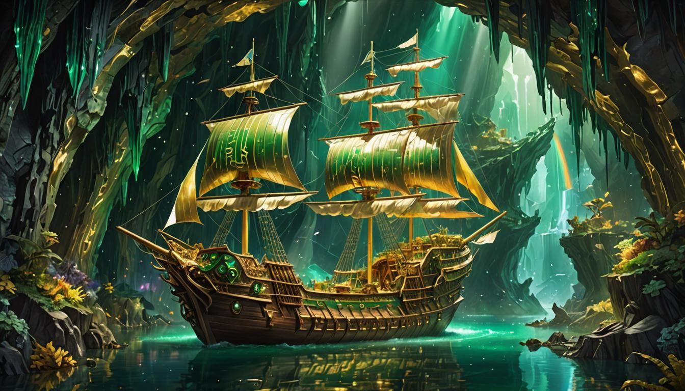 Wooden Ship Sailing in Emerald Cavern with Rainbows