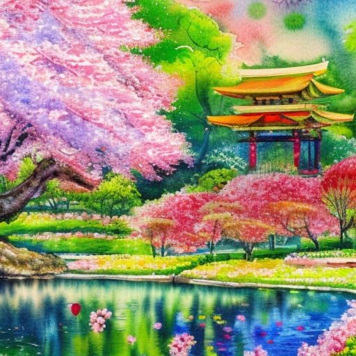 Vibrant Watercolour Cherry Blossom Garden in Expressionist S...