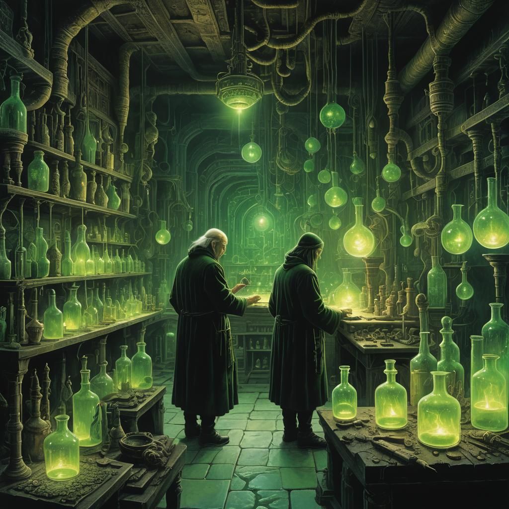 Alchemist Mixing Potions in Dimly Lit Laboratory