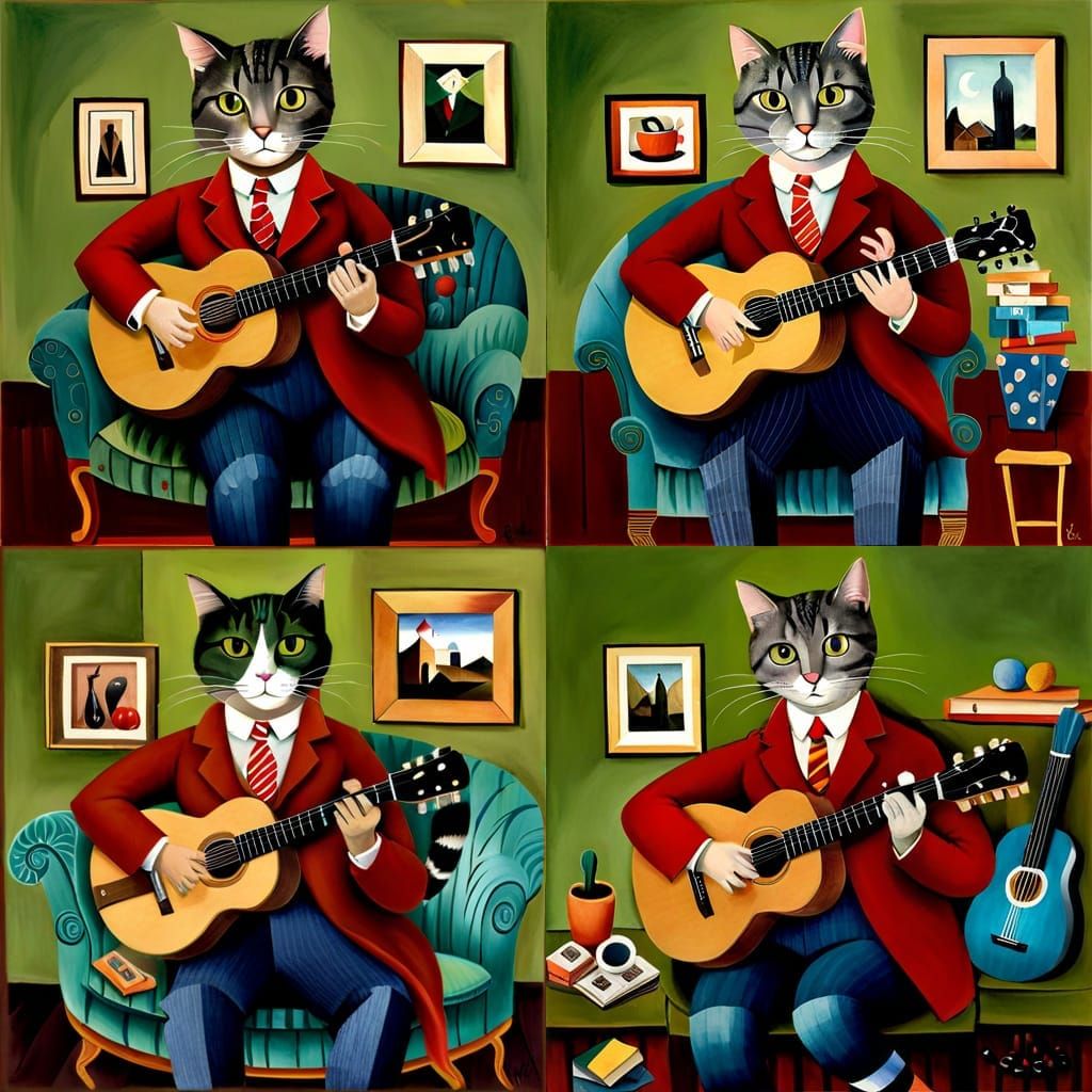 Cat Playing Guitar: Detailed Matte Painting