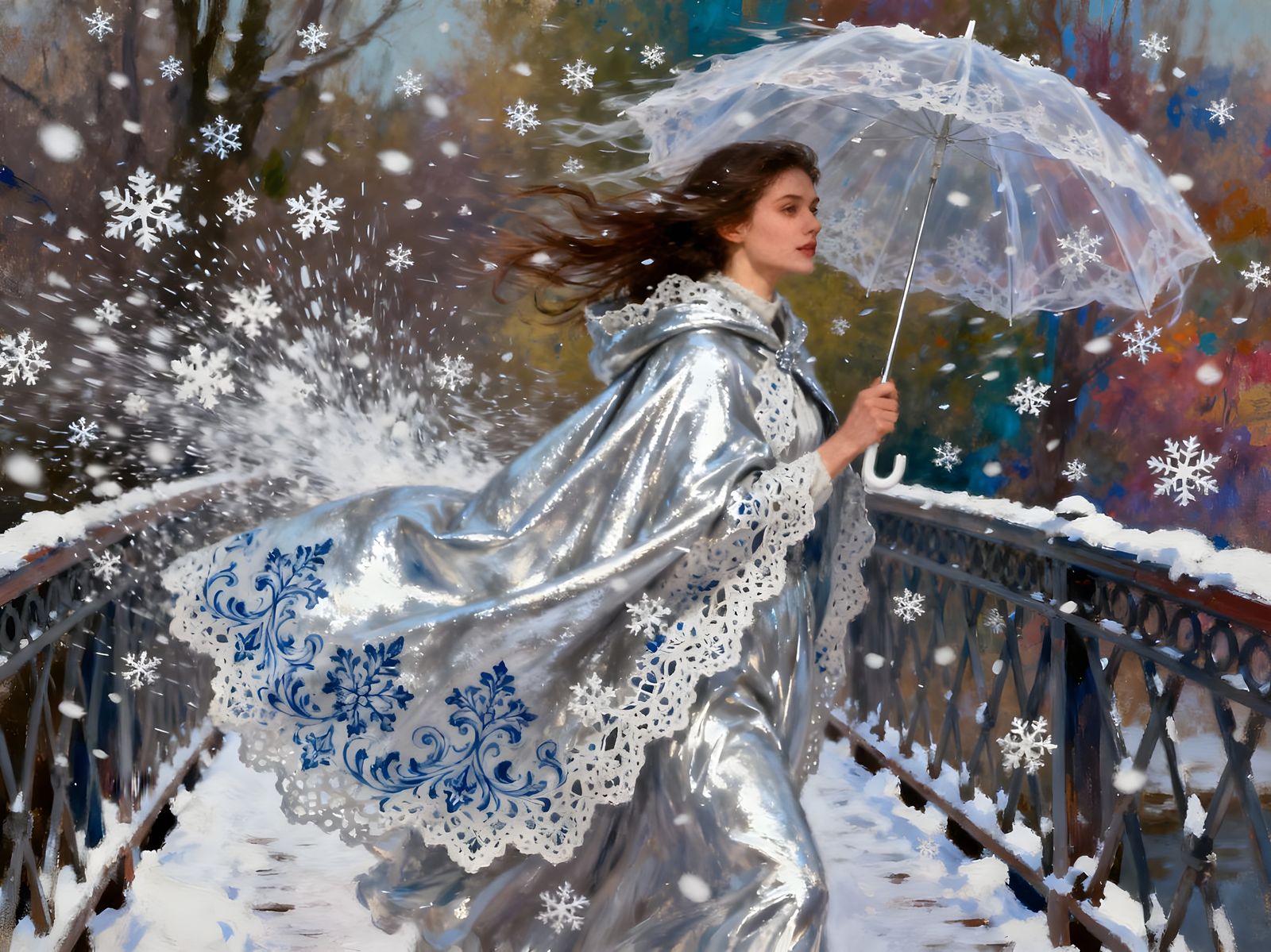 Woman in Lace Cape and Organza Umbrella in Sfumato Wind