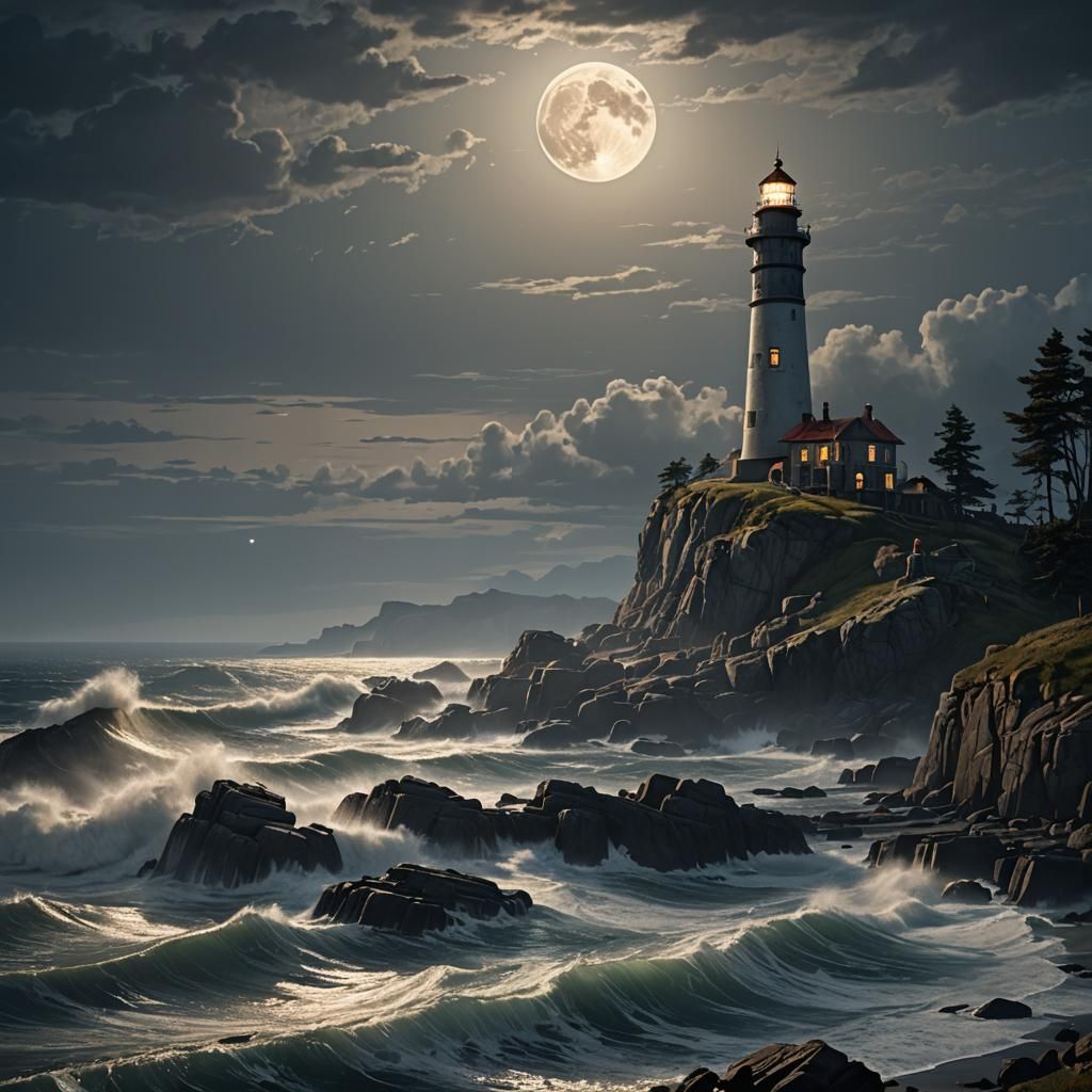 Lighthouse at Night in Ethereal Expressionist Style