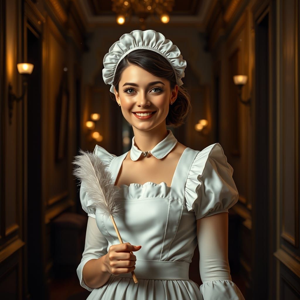 French Maid in Opulent Mansion Hallway