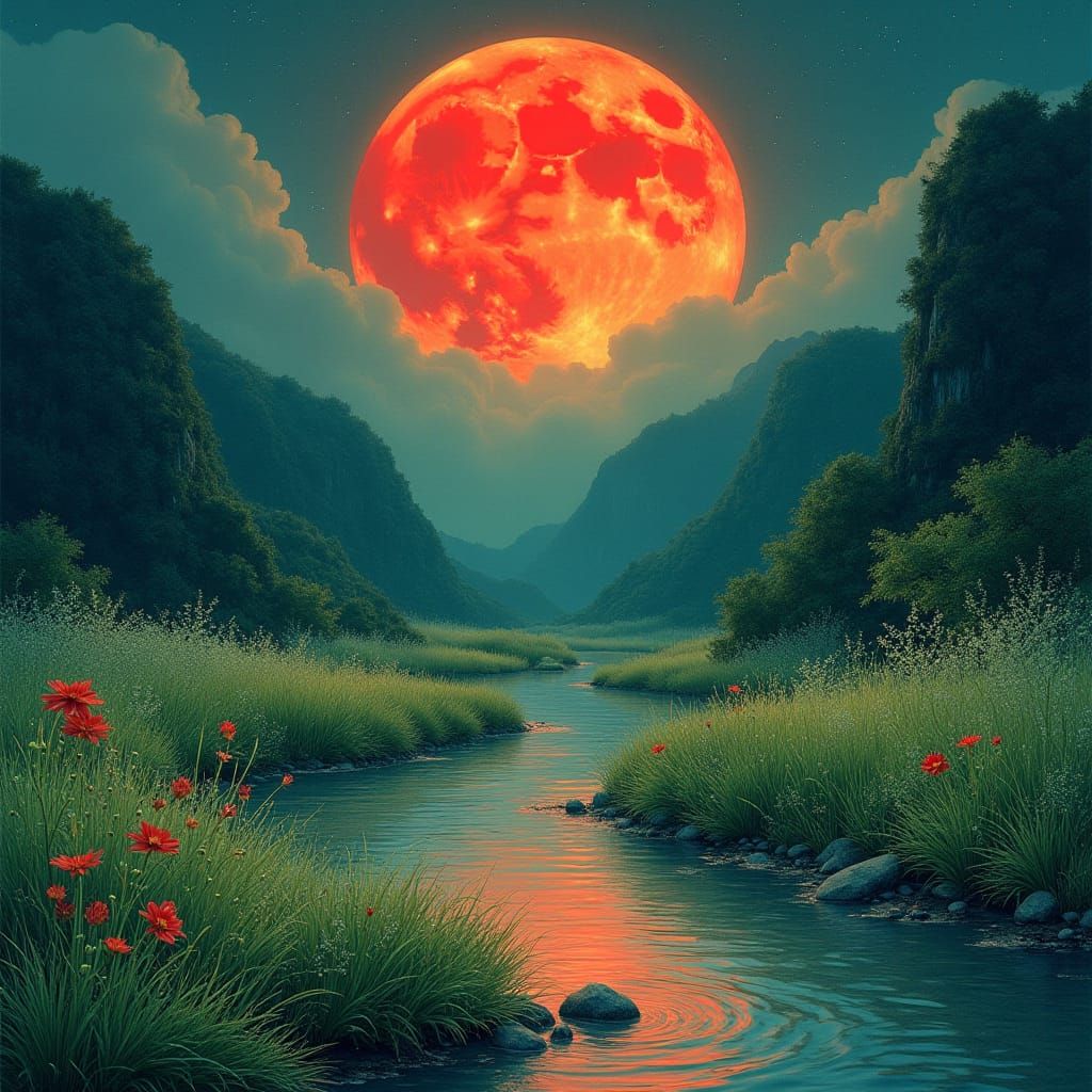 Japanese River Valley Under Harvest Moon