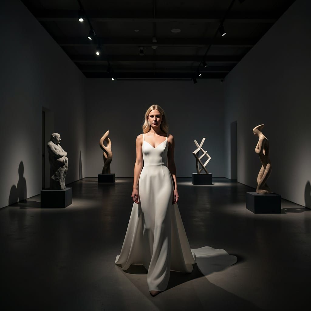 Avant-Garde Gown in Dim Art Gallery