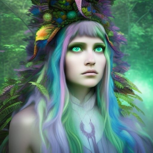 Rainbow Druid Girl in Enchanted Forest Portrait