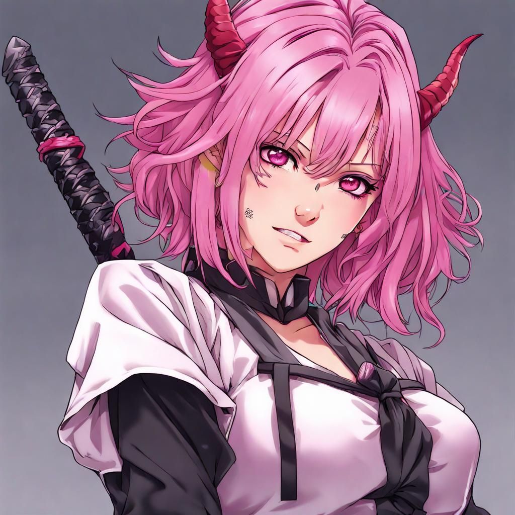 Pink-Haired Demon Slayer in Anime Style