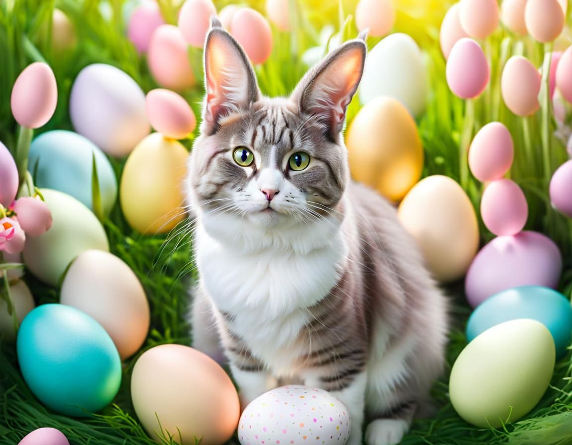 Cat in Rabbit Costume with Easter Eggs