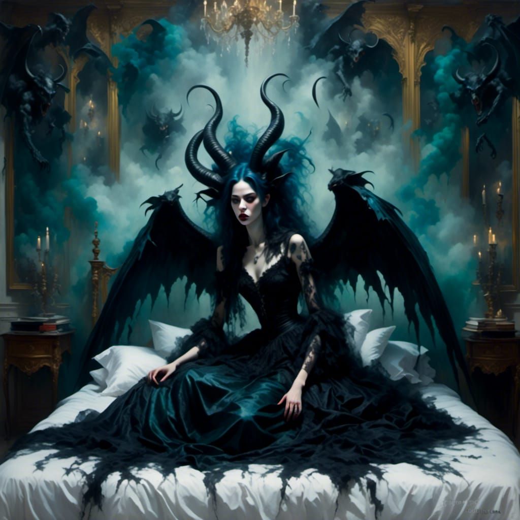 Nightmare Demon in Gothic Bedroom with Spectral Light