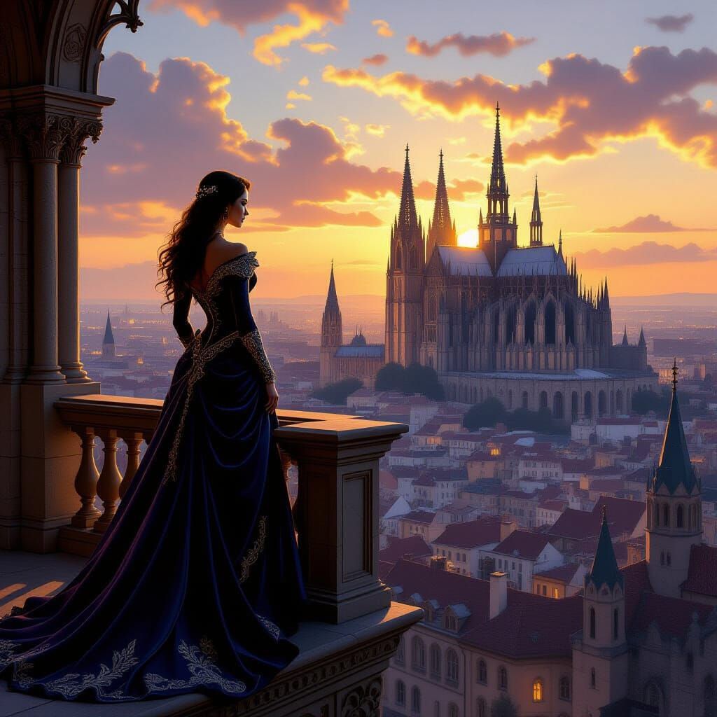 Regal Woman Overlooks Gothic Cityscape at Sunset