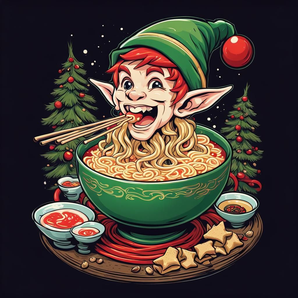 Funny Christmas Elf Eating Ramen: Vector Art