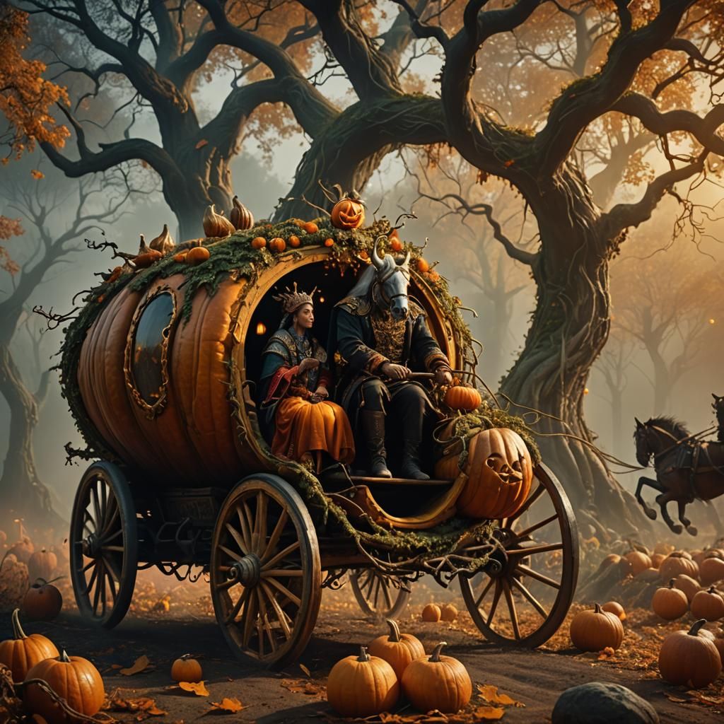 Flying Forest Pumpkin Carriage: Hyper-Realistic Fantasy Art
