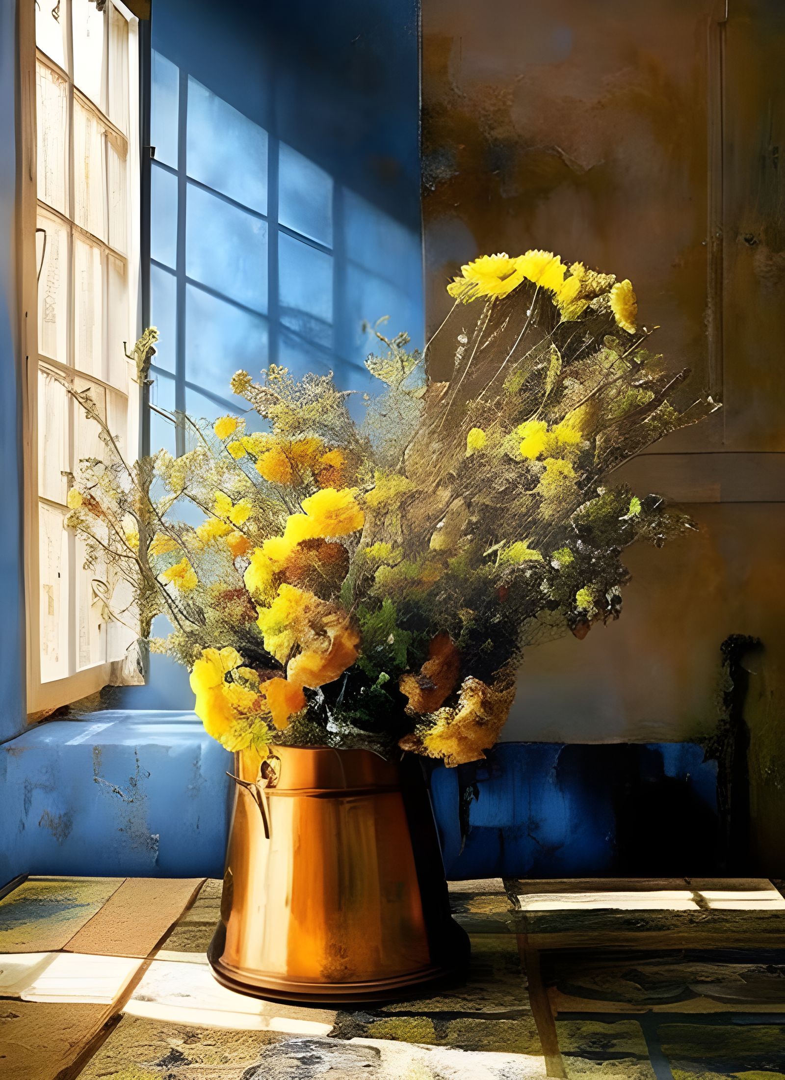 Dried Flowers on Butcher Table: Hyperrealist Painting