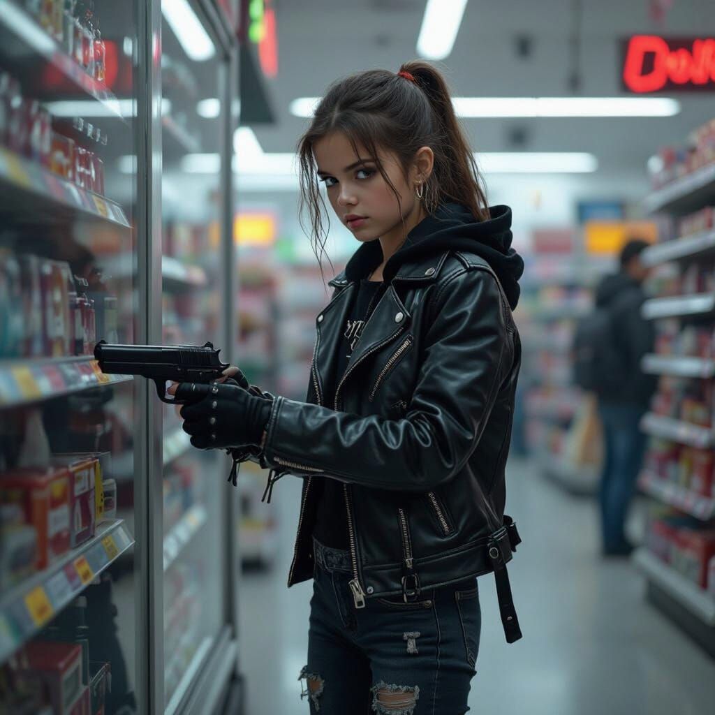 Girl Robbing a Store in Gritty Digital Art Style