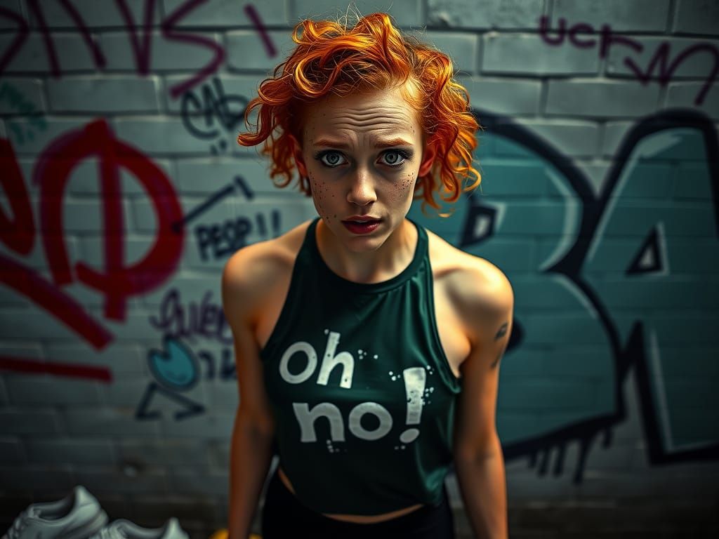 Frightened Young Woman in Distressed Urban Scene