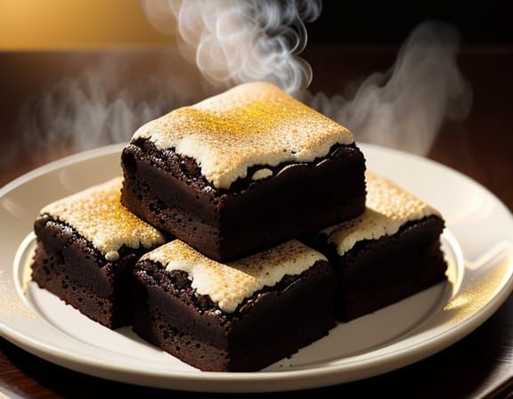 Warm Cinematic Still of Steaming Chocolate Brownies