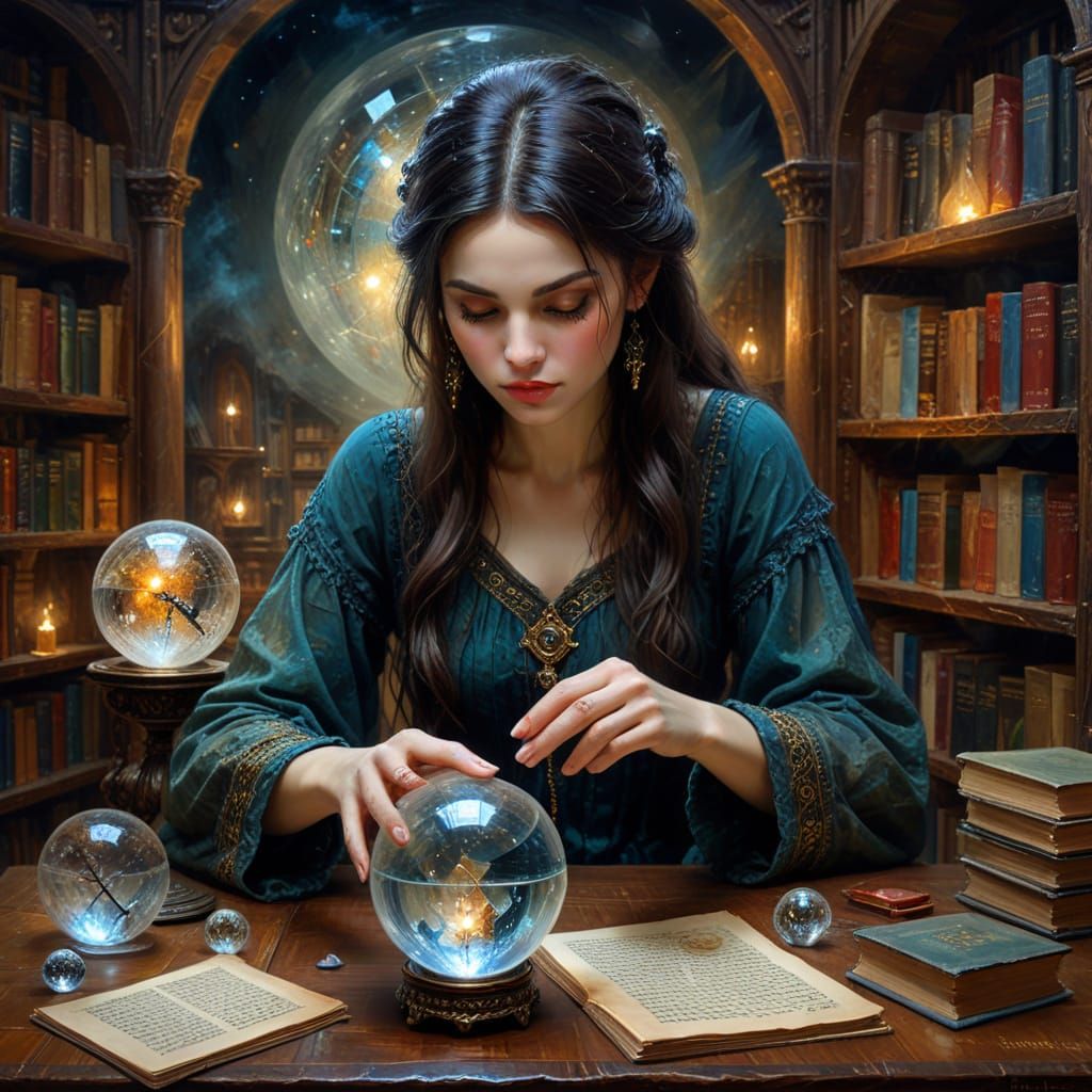 Ethereal Diviner in Forgotten Library: Impasto Painting