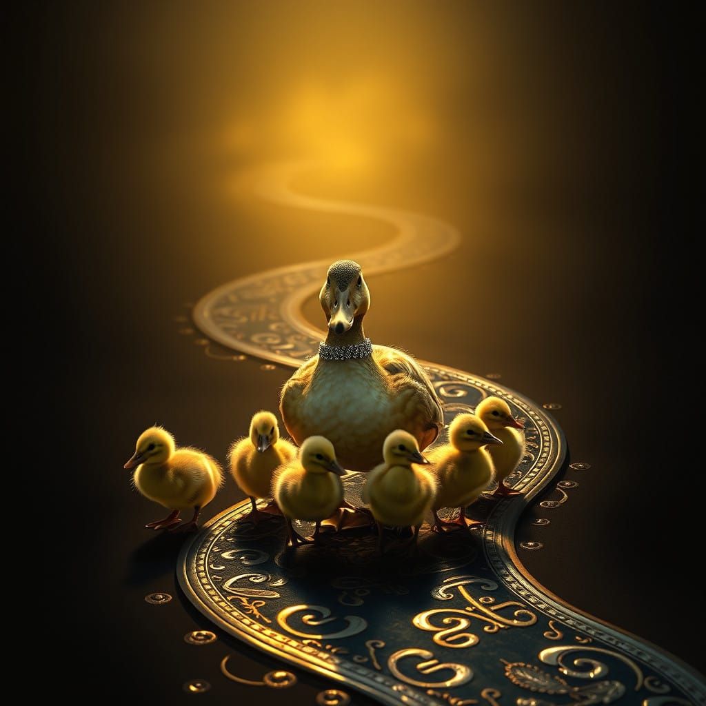 Mother Duck in Golden Light Leads Adorable Ducklings Down Si...