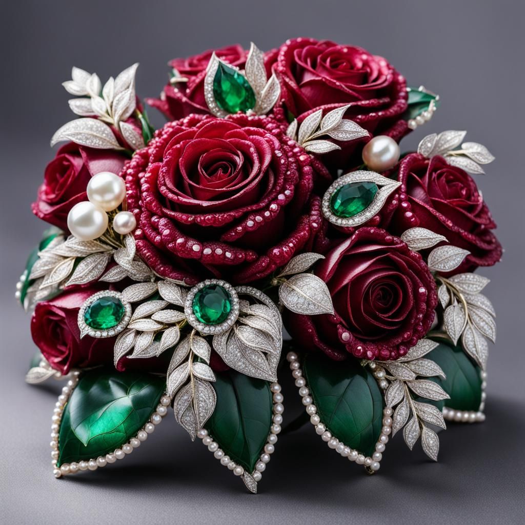 Baroque Ruby Rose Bouquet with Emerald Leaves