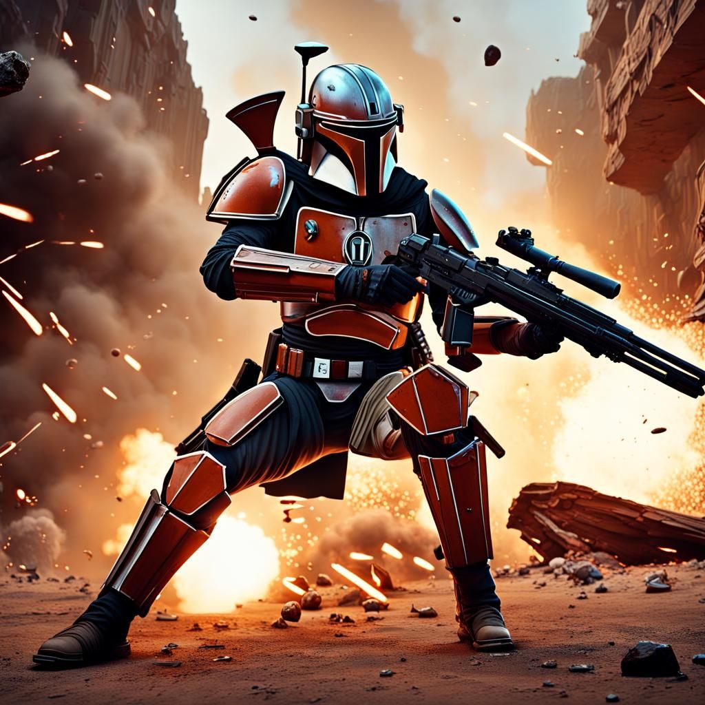 Dynamic Mandalorian Warrior in Explosive Sci-Fi Scene