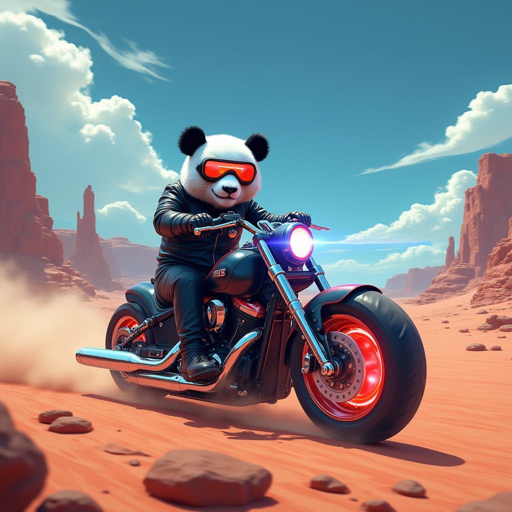 Panda in Cyberpunk Desert Landscape
