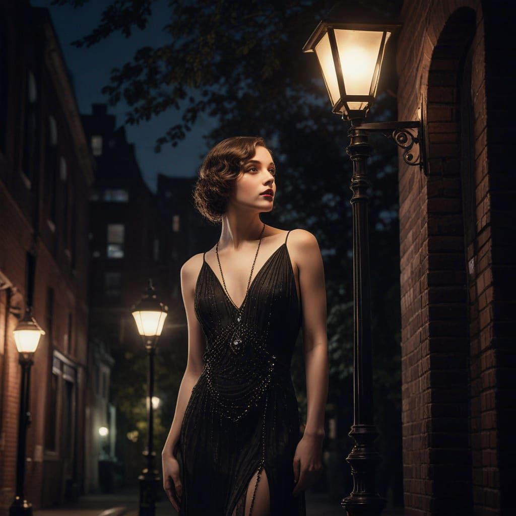 Art Deco Oil Painting: Elegant Woman in 1920s Gaslight