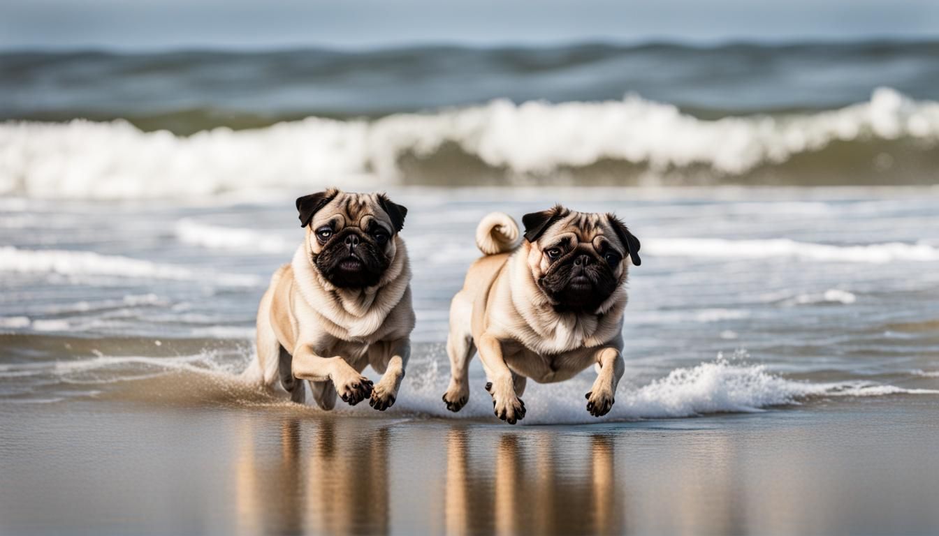 Pugs Playing on Beach as Waves Roll In