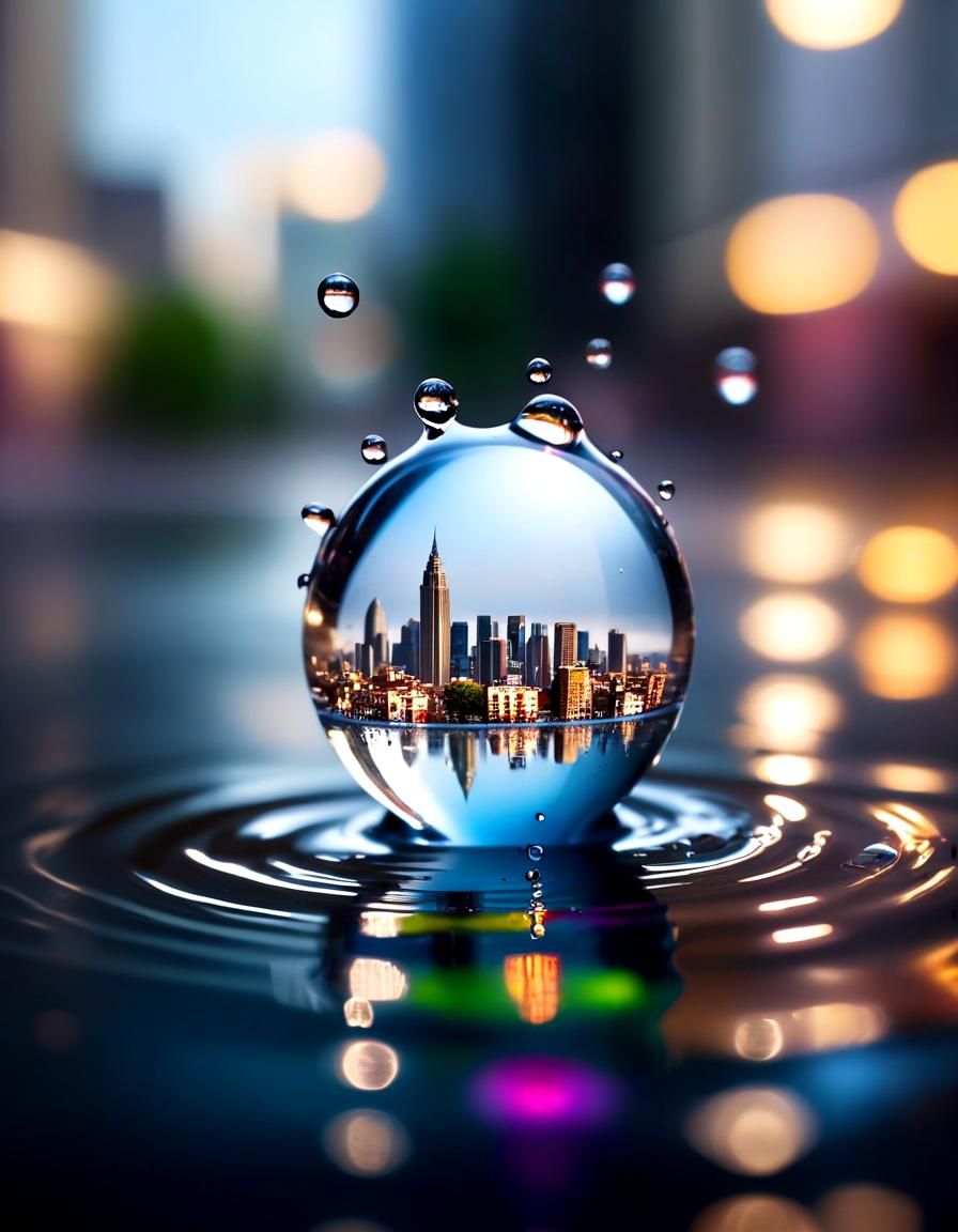 Cityscape in Water Drop: Hyperrealistic Photo