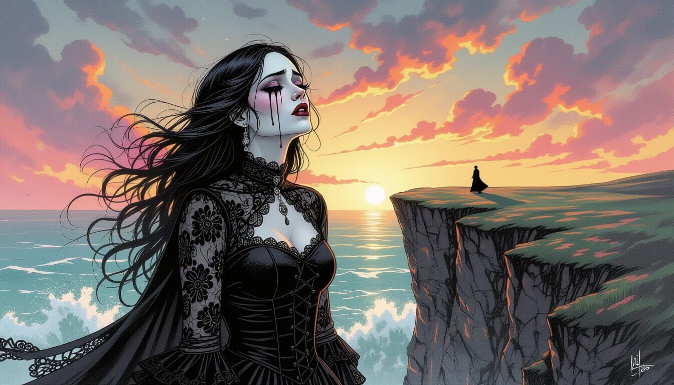 Goth Widow's Anguished Cry on Windswept Cliff