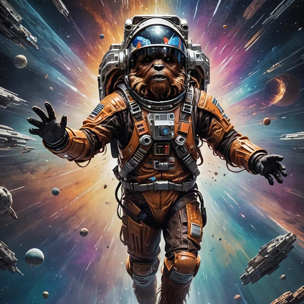 Futuristic Space Wookiee in Spacesuit Floating in Space
