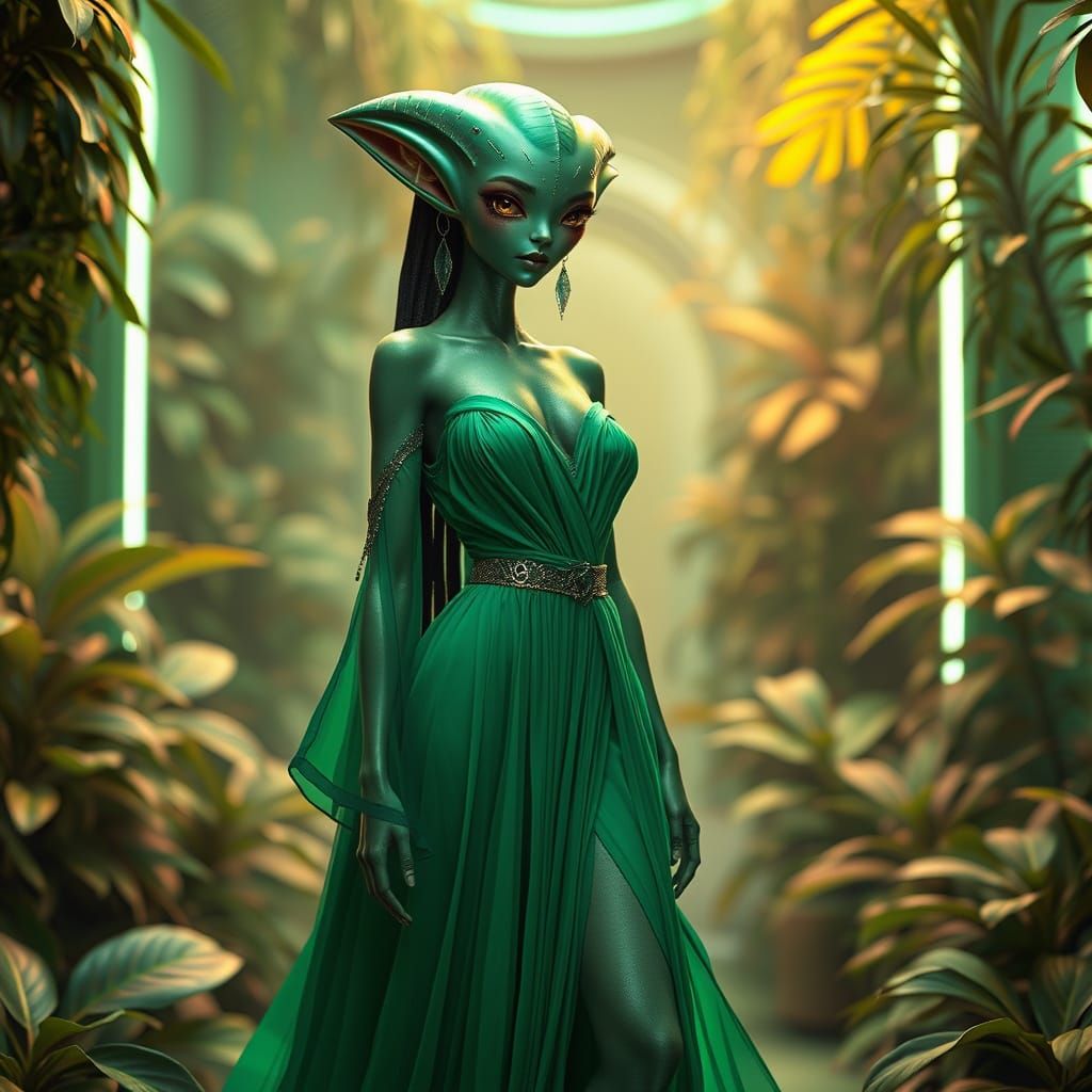 Alien Woman in Emerald Dress, Futuristic Style
