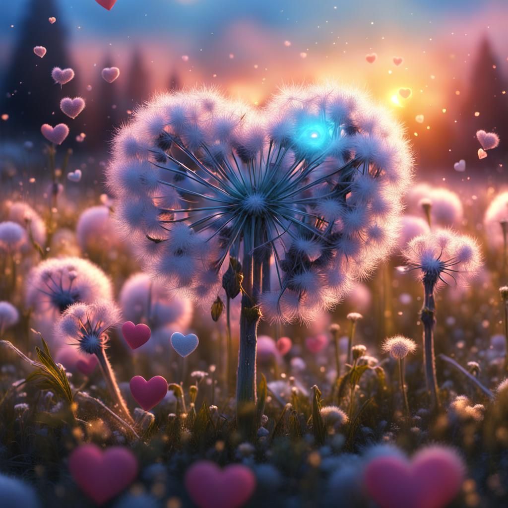 Dandelion Seeds Dispersing at Sunset in Dreamy Colors