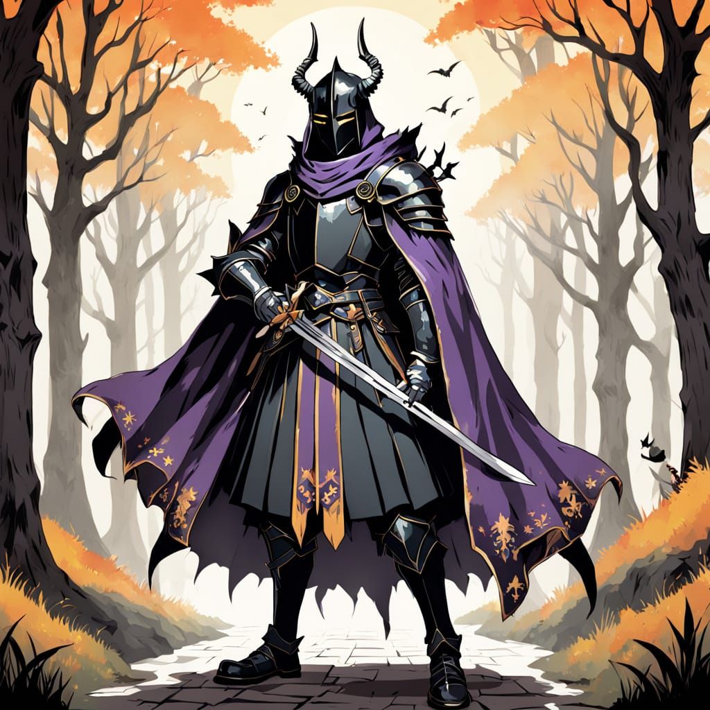 Ethereal Dark Fantasy Knight Under Starry Autumn Skies