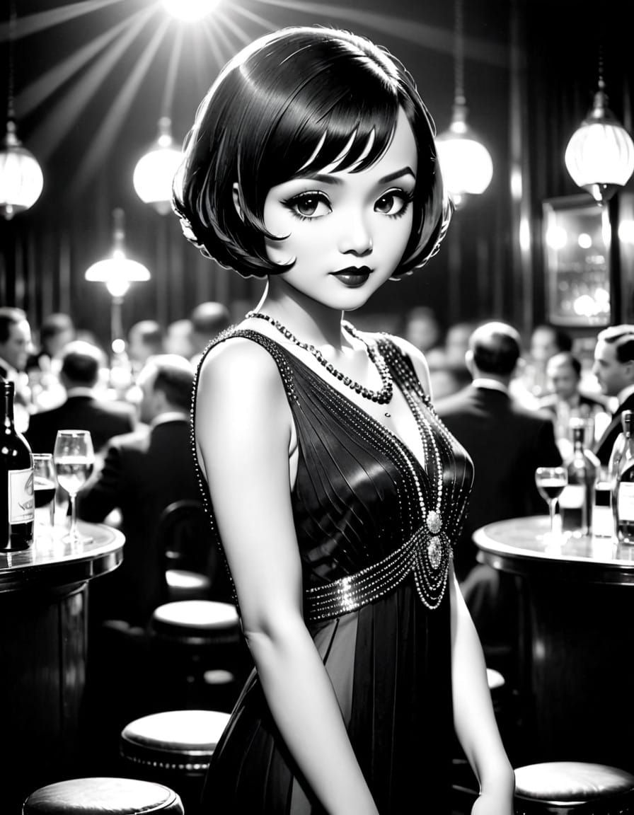 Vintage Chibi Bar Girl in 1920s Jazz Club