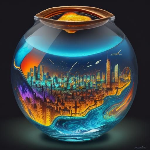City in Gin Bottle: A Surrealist Oil Painting